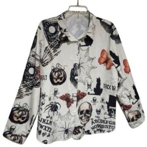XXL Halloween Spooky Skulls Pumpkins Black Cat Long Sleeve Button Up Shirt